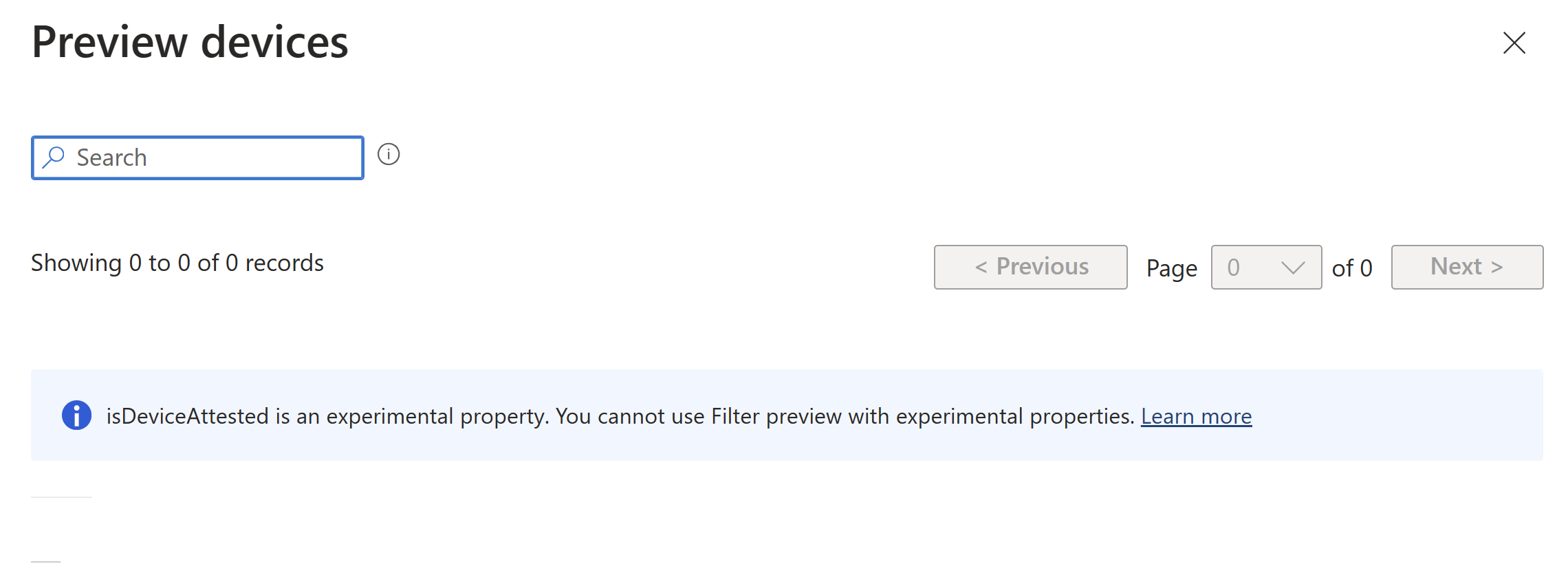 Screenshot che mostra l'impossibilità di usare il messaggio di anteprima del filtro quando si fa clic su Dispositivi di anteprima con una proprietà di anteprima nella sintassi delle regole di filtro in Microsoft Intune.