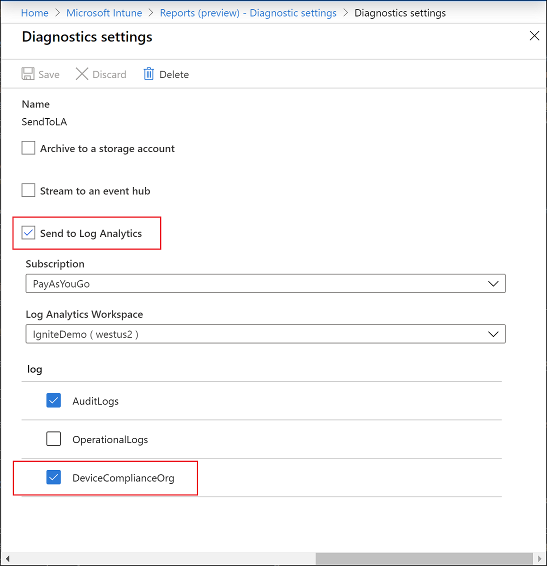 Report di Intune - Impostazioni di diagnostica