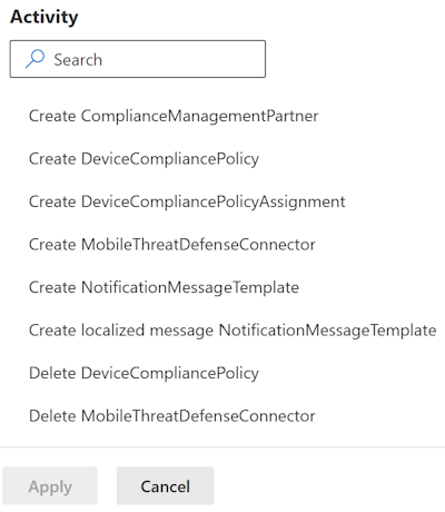 Filtrare i log di controllo in base alla categoria di conformità e selezionare un'attività nell'interfaccia di amministrazione di Microsoft Intune e Intune.