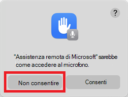 Richiesta di autorizzazione del microfono che mostra di selezionare Non consentire