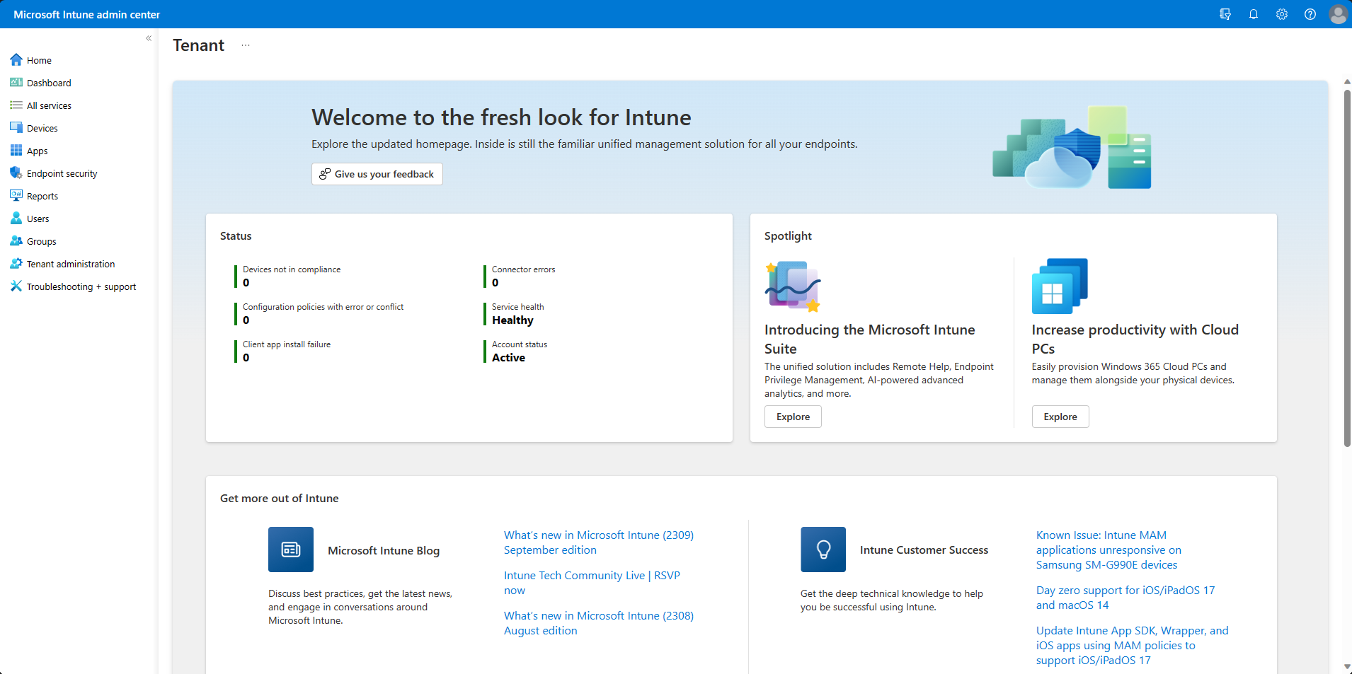 Nella home page selezionare i criteri con errore o conflitto per visualizzare eventuali errori o conflitti con i profili di configurazione dei dispositivi nell'interfaccia di amministrazione di Microsoft Intune e Intune.