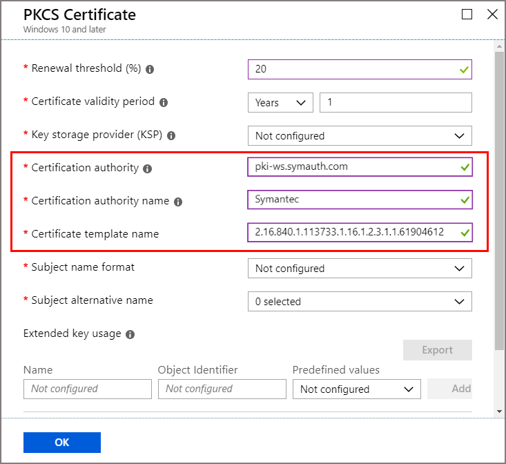 Selezioni per ca e modello di certificato