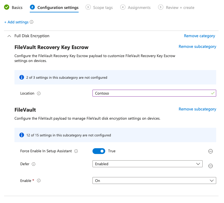 Screenshot delle impostazioni necessarie per abilitare File Vault in Setup Assistant.