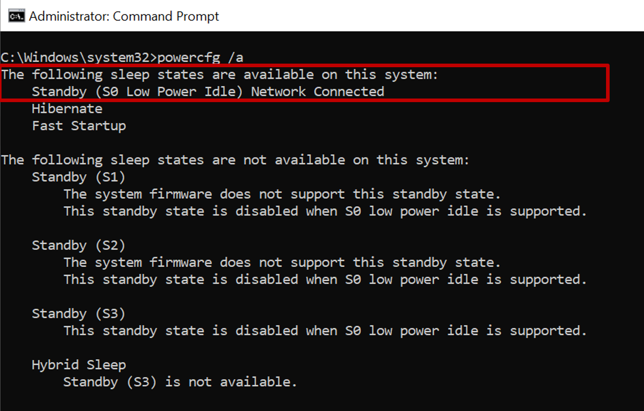 Screenshot del prompt dei comandi che mostra l'output del comando powercfg con lo stato standby S0 disponibile.