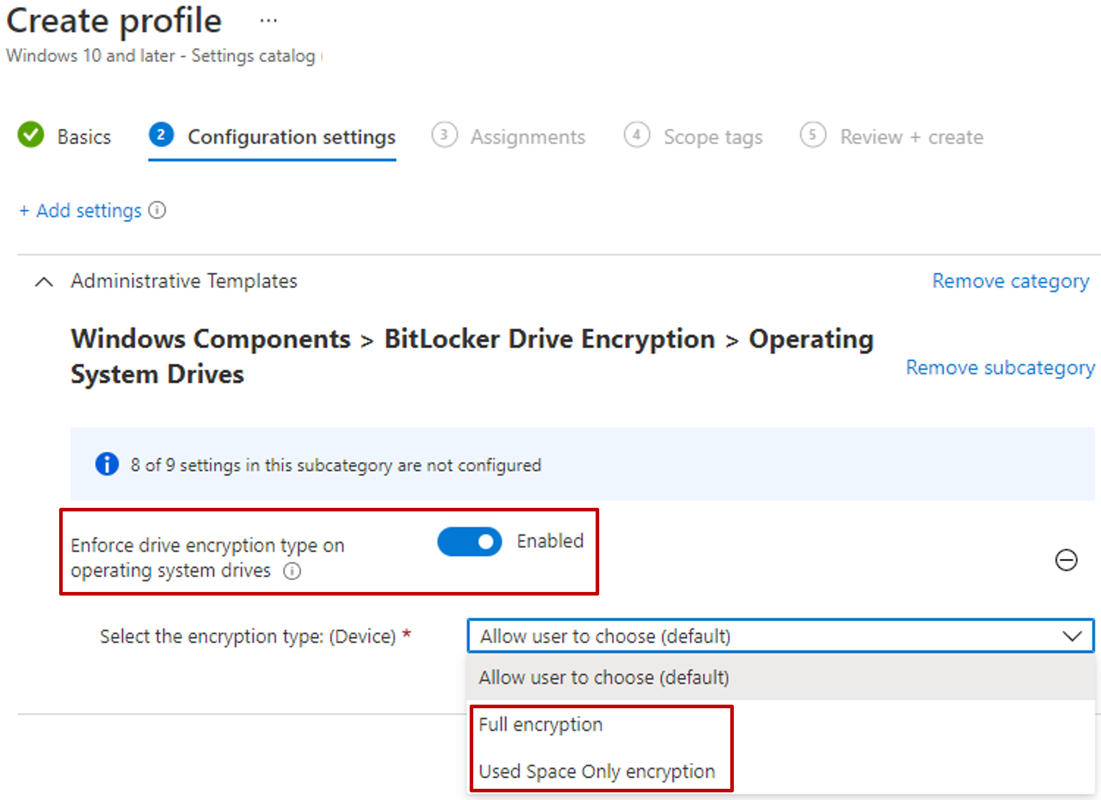 Screenshot del catalogo delle impostazioni di Intune che visualizza Imponi tipo di crittografia unità nelle unità del sistema operativo