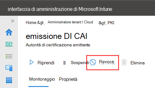 Screenshot di esempio che evidenzia l'azione Revoke per la CA.