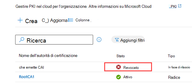 Screenshot di esempio dell'elenco ca, che evidenzia lo stato revocato.