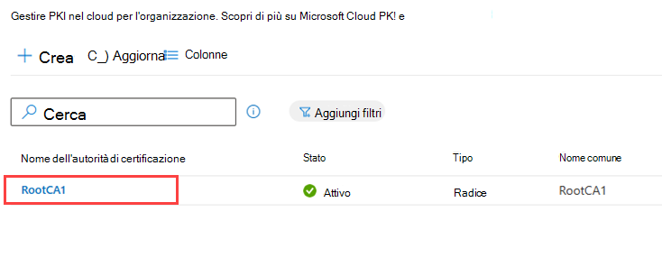 Screenshot di esempio dell'elenco ca, evidenziando una CA radice.