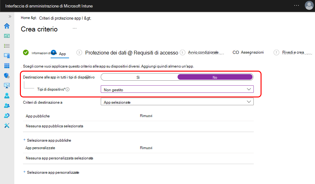 Configurare i criteri di protezione delle app per i dispositivi non gestiti.