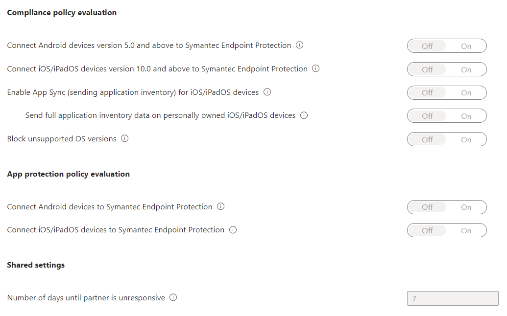 Screenshot di esempio che mostra le impostazioni dei criteri di conformità MDM per il connettore MDT.