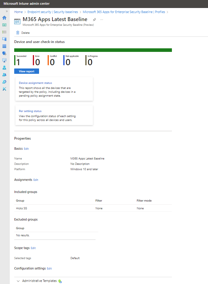 Visualizzare il dashboard per un profilo di baseline di sicurezza.