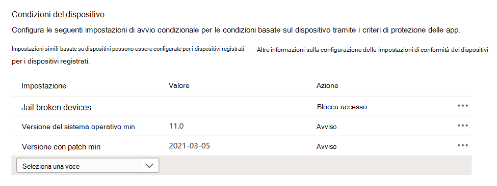 Screenshot che mostra le condizioni basate sul dispositivo in un criterio di protezione delle app nell'interfaccia di amministrazione Microsoft Intune.