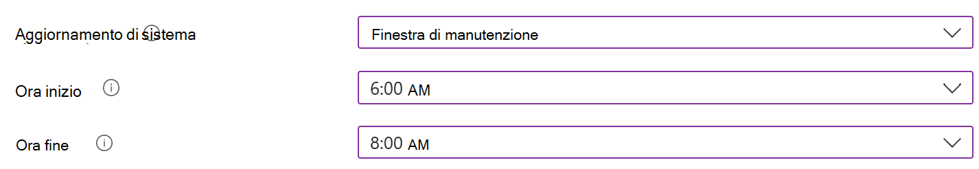 Screenshot che mostra l'impostazione di aggiornamento del sistema con una finestra di manutenzione per i dispositivi Android Enterprise nell'interfaccia di amministrazione Microsoft Intune.