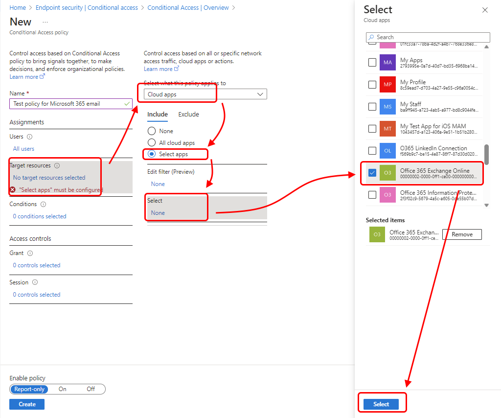 Selezionare Office 365 Exchange Online da aggiungere al criterio.