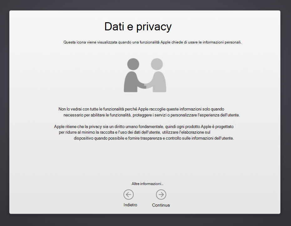 Screenshot della schermata Data & Privacy dell'Assistente configurazione del dispositivo macOS, che mostra un'illustrazione di due persone che si stringono la mano e descrive l'uso delle informazioni personali da parte di Apple. Mostra anche un pulsante Indietro e Continua.