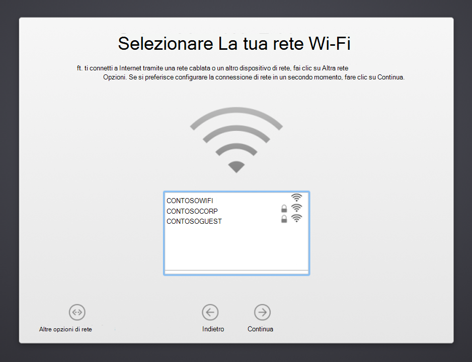 Screenshot della schermata Select Your Wi-Fi Network (Selezionare la rete di Wi-Fi) di MacOS Device Setup Assistant, che mostra un elenco di reti disponibili tra cui scegliere. Mostra anche un pulsante Altre opzioni di rete, il pulsante Indietro e il pulsante Continua.