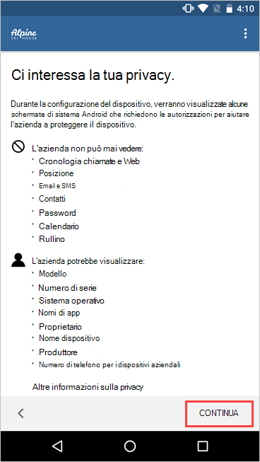 Screenshot della schermata Di Portale aziendale Abbiamo a cuore la tua privacy, evidenziando il pulsante Continua.