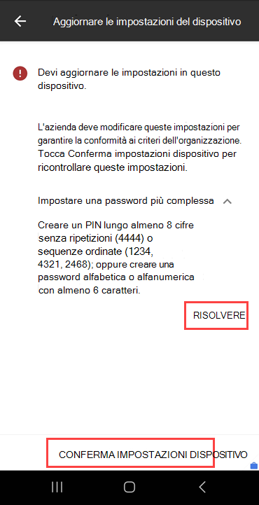 Screenshot della schermata Aggiorna impostazioni dispositivo di Portale aziendale che evidenzia il pulsante RISOLVI e IL PULSANTE CONFERMA IMPOSTAZIONI DISPOSITIVO.