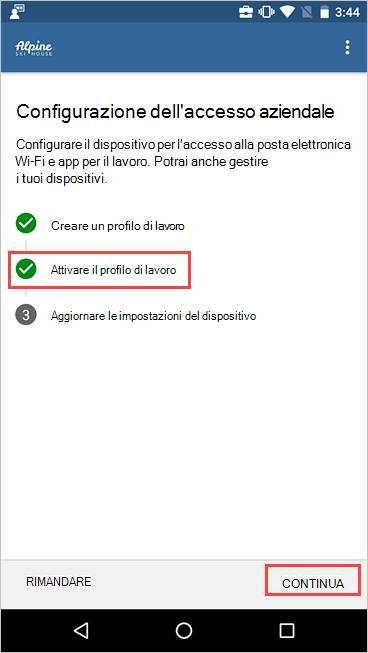 Screenshot del programma di installazione di Accesso aziendale che mostra che il profilo di lavoro è attivo.