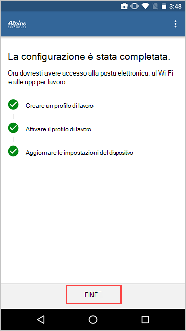 Screenshot della schermata Configurazione accesso aziendale di Portale aziendale, che mostra l'installazione completata e il pulsante Fine evidenziato.