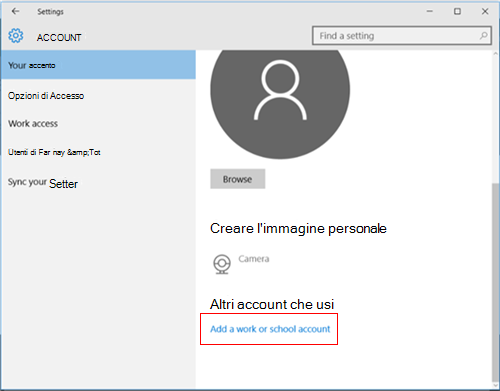 Selezionare Aggiungi un account aziendale o dell'istituto di istruzione