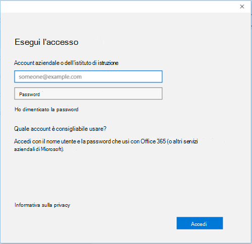 Screenshot della schermata di accesso Office 365 per l'account aziendale o dell'istituto di istruzione.