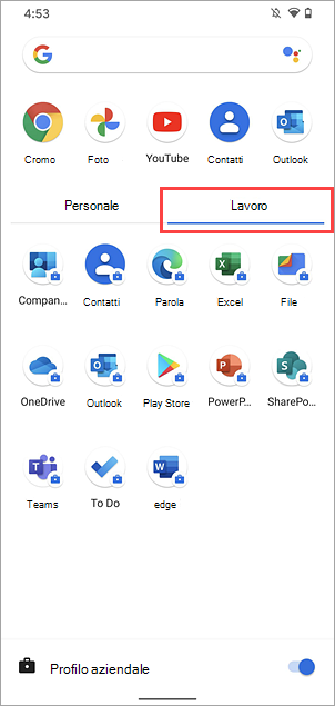 Screenshot della scheda Lavoro nel launcher di un dispositivo Google Pixel 4.
