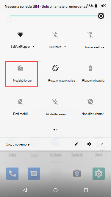 Screenshot dell'icona della modalità di lavoro inattiva nelle impostazioni rapide di Nexus 5X.