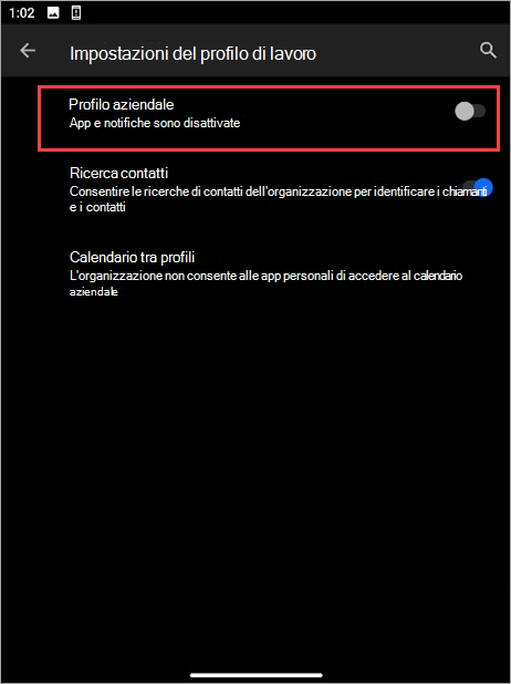 Screenshot dell'interruttore di attivazione/disattivazione del profilo di lavoro disattivato nelle impostazioni del dispositivo Surface Duo.