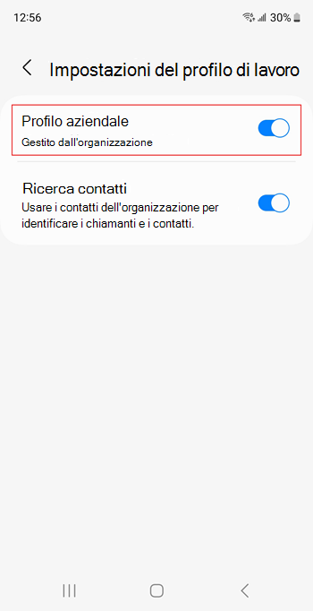 Screenshot dell'interruttore di attivazione/disattivazione del profilo di lavoro attivato nelle impostazioni del dispositivo Samsung Galaxy S20.