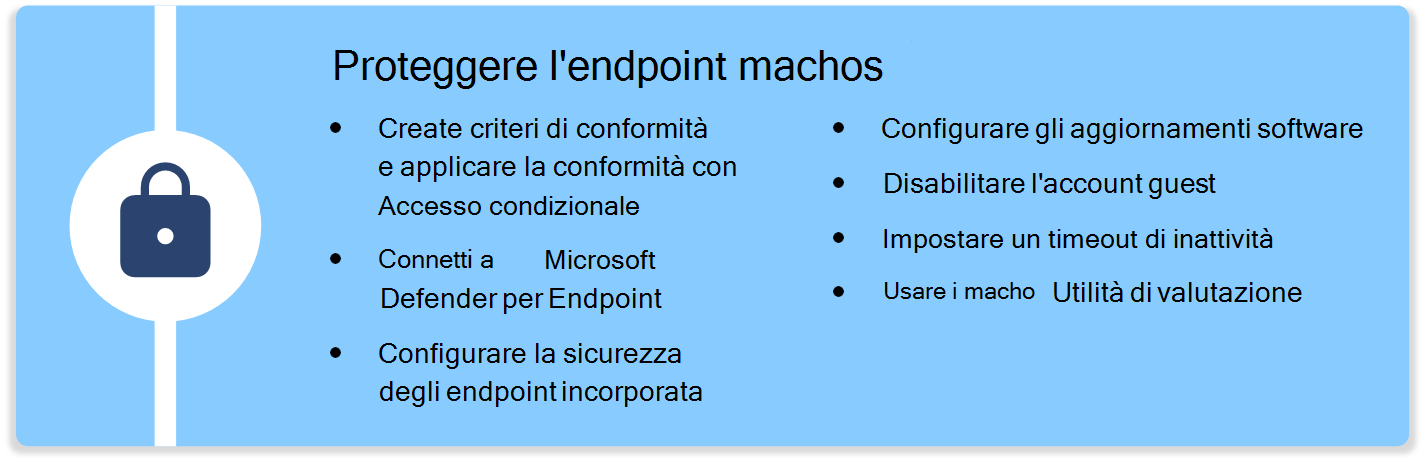 Diagramma che elenca i passaggi per proteggere i dispositivi macOS usando criteri di conformità, aggiornamenti software e altro ancora in Microsoft Intune