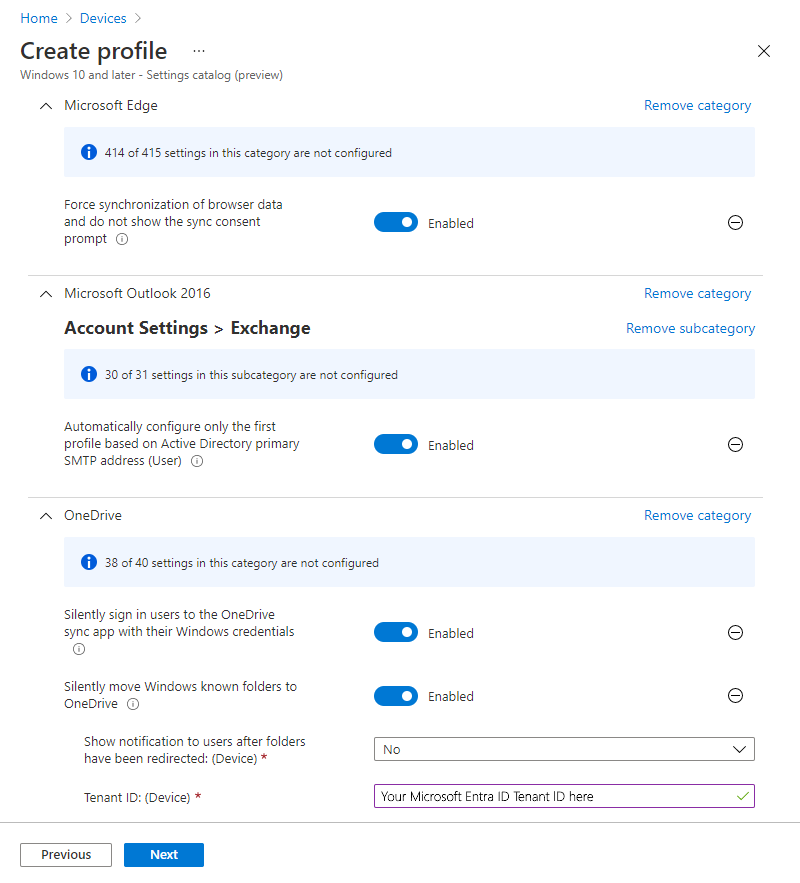 Screenshot che mostra un esempio di profilo del catalogo delle impostazioni in Microsoft Intune.