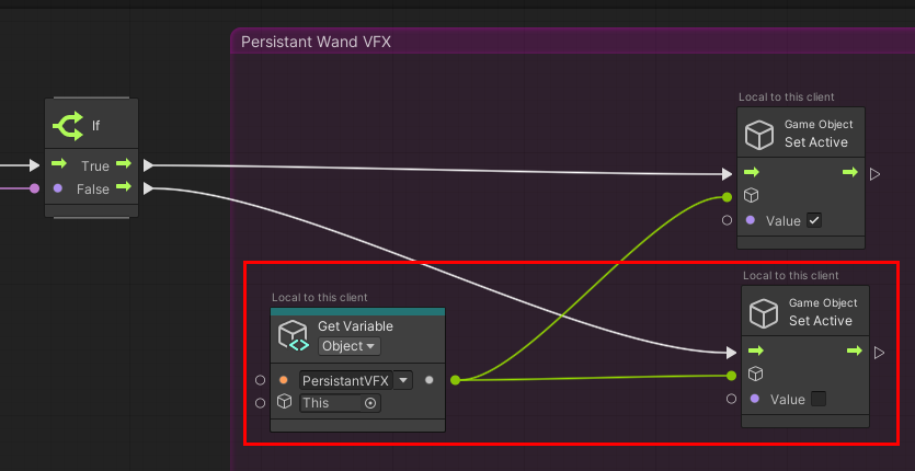 Screenshot del valore boolen vfx persistente modificato in false, che disattiva il primo effetto particella.