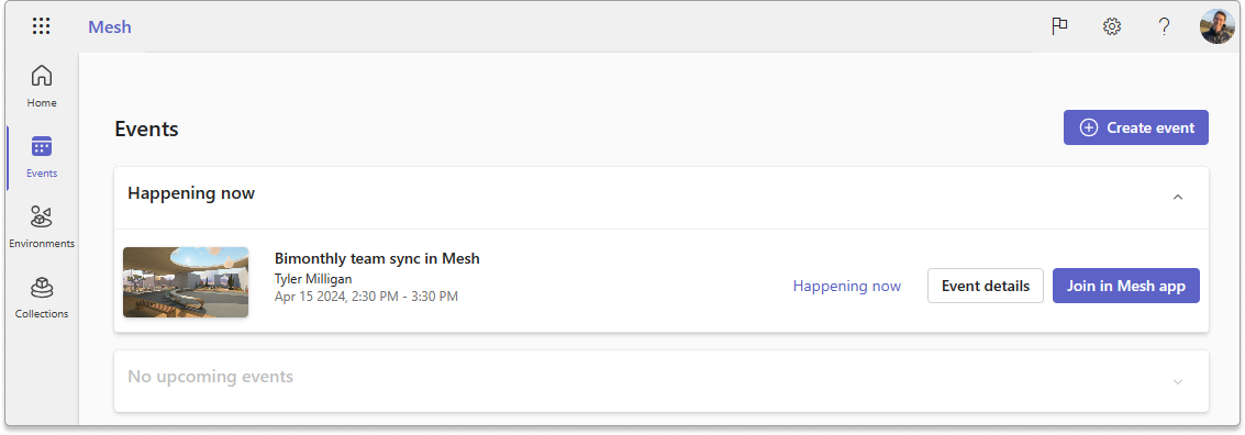 Screenshot che mostra l'evento creato nella scheda Eventi in Mesh sul Web.