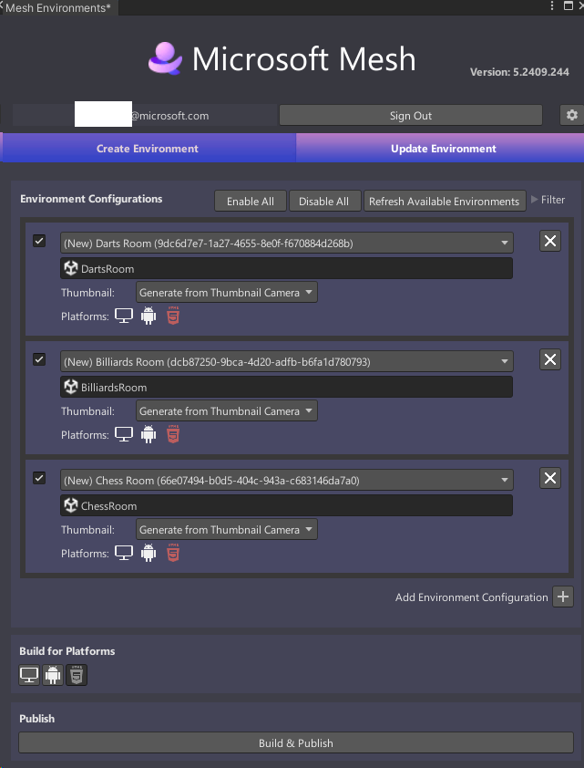 Screenshot della finestra Uploader mesh nella scheda Crea ambiente con informazioni per l'ambiente chessRoom.