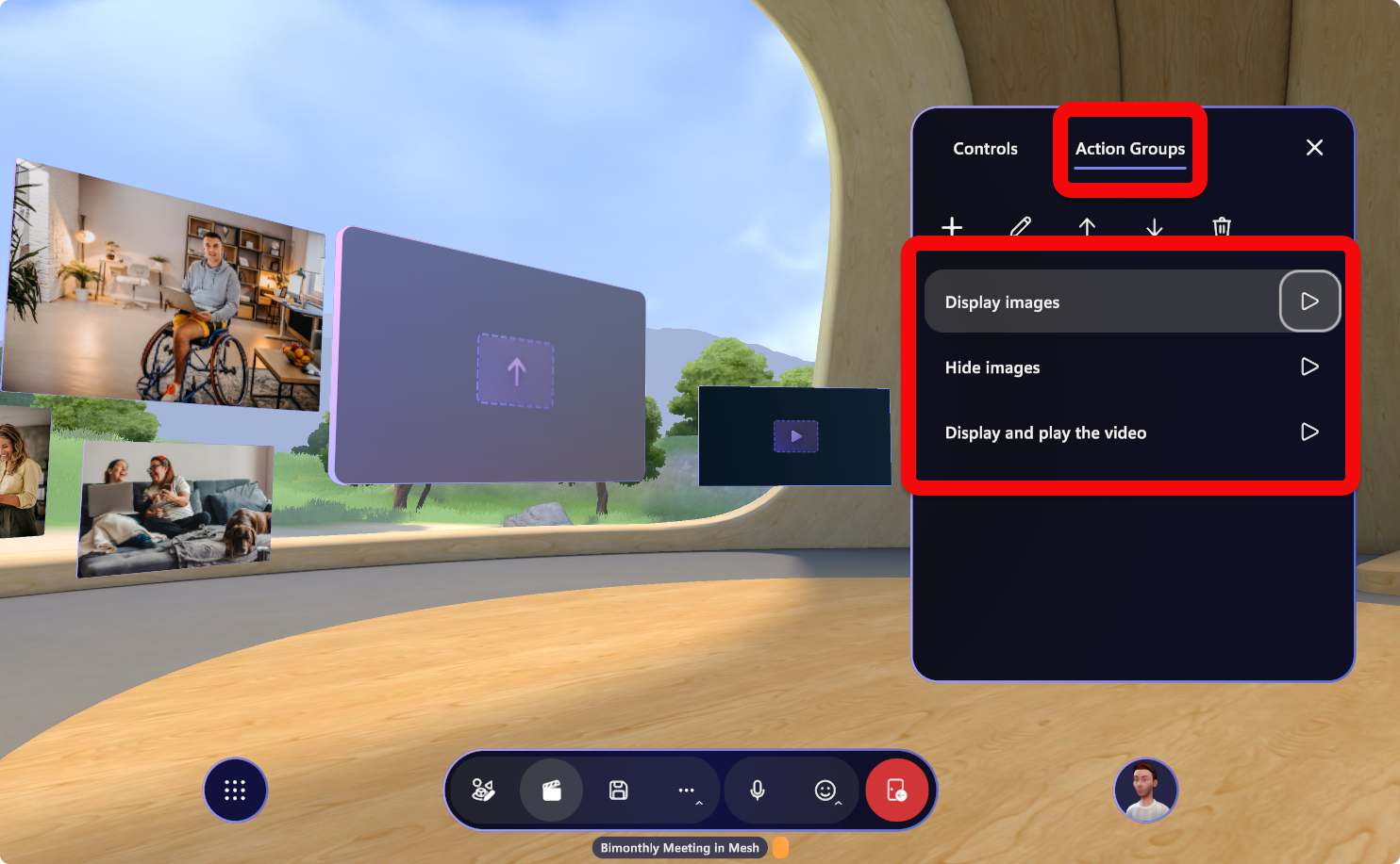 Screenshot del pannello di controllo nell'esperienza Mesh con la scheda Gruppi di azioni selezionata. Sono evidenziate diverse azioni, ad esempio le immagini di visualizzazione.