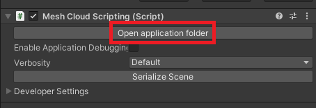 Screenshot del pulsante Apri cartella dell'applicazione in Unity.