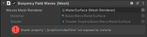 Screenshot delle opzioni dello script Buoyancy Field Waves che mostra il messaggio di errore: proprietà shader non esposta dal materiale.