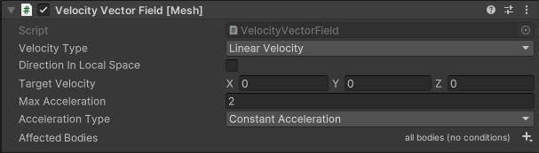 Screenshot delle opzioni script Directional Velocity Field nel controllo.