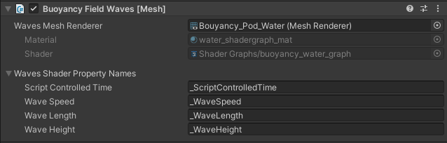 Screenshot delle opzioni di script Buoyancy Field Waves nel controllo.