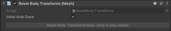 Screenshot del componente Reset Body Transforms (Reimposta trasformazioni corpo) nel controllo.