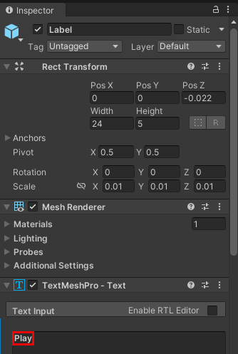 Screenshot di Unity che mostra il controllo per l'etichetta pulsante con il testo Riproduci evidenziato.