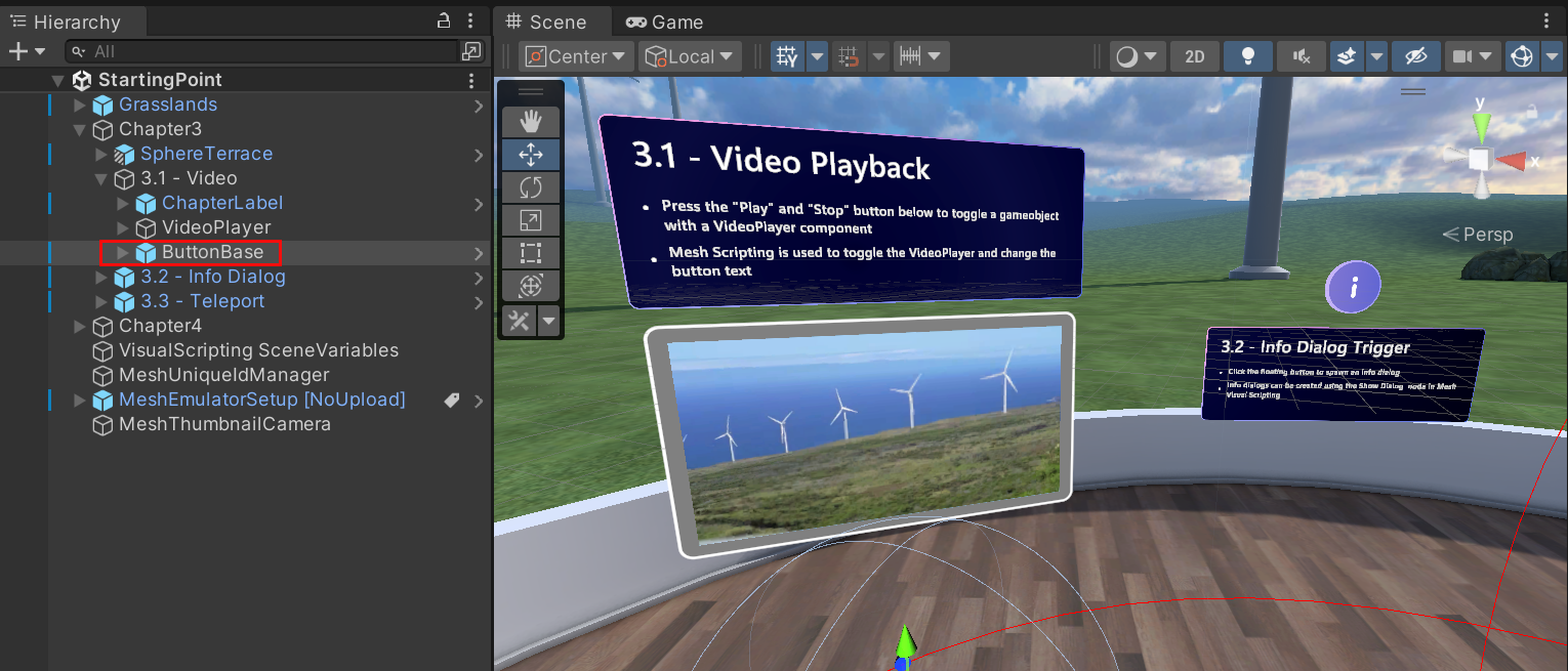 Screenshot di Buttonbase trascinato nella gerarchia e aggiunto al GameObject denominato 3.1 -- Video