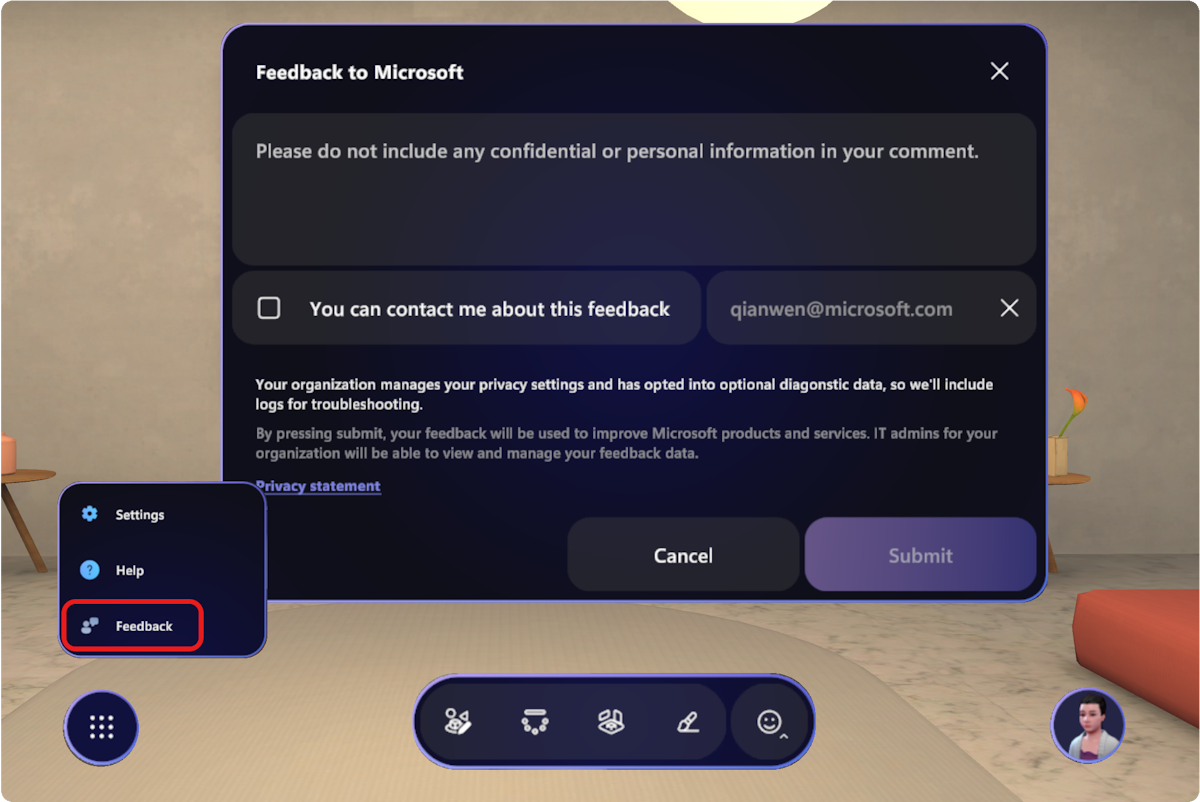 Screenshot della finestra di dialogo di feedback degli spazi immersivi