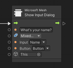 Screenshot del nodo Show Input Dialog visual scripting (Mostra scripting visivo finestra di dialogo di input) in Mesh Toolkit.