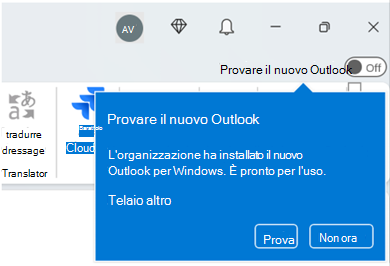 Richiesta di notifica in Outlook che chiede agli utenti di provare il nuovo Outlook, con opzioni per provarlo ora o posticiparlo.