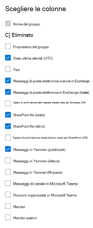 Office 365 report attività gruppi: scegliere colonne.