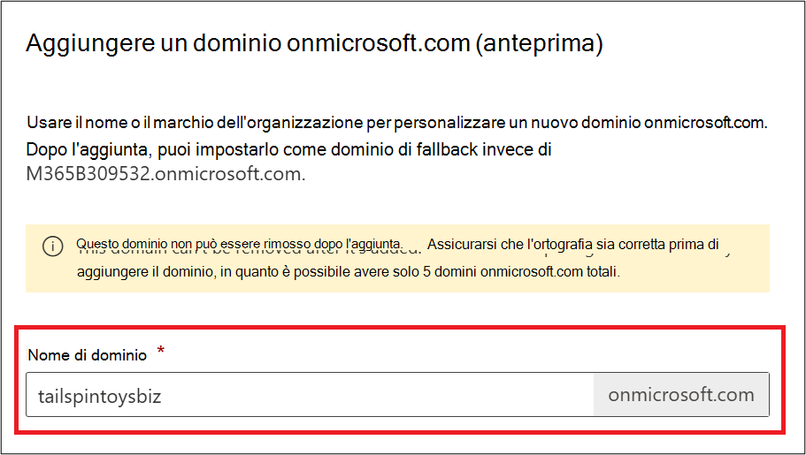 Screenshot di Aggiungi dominio onmicrosoft.