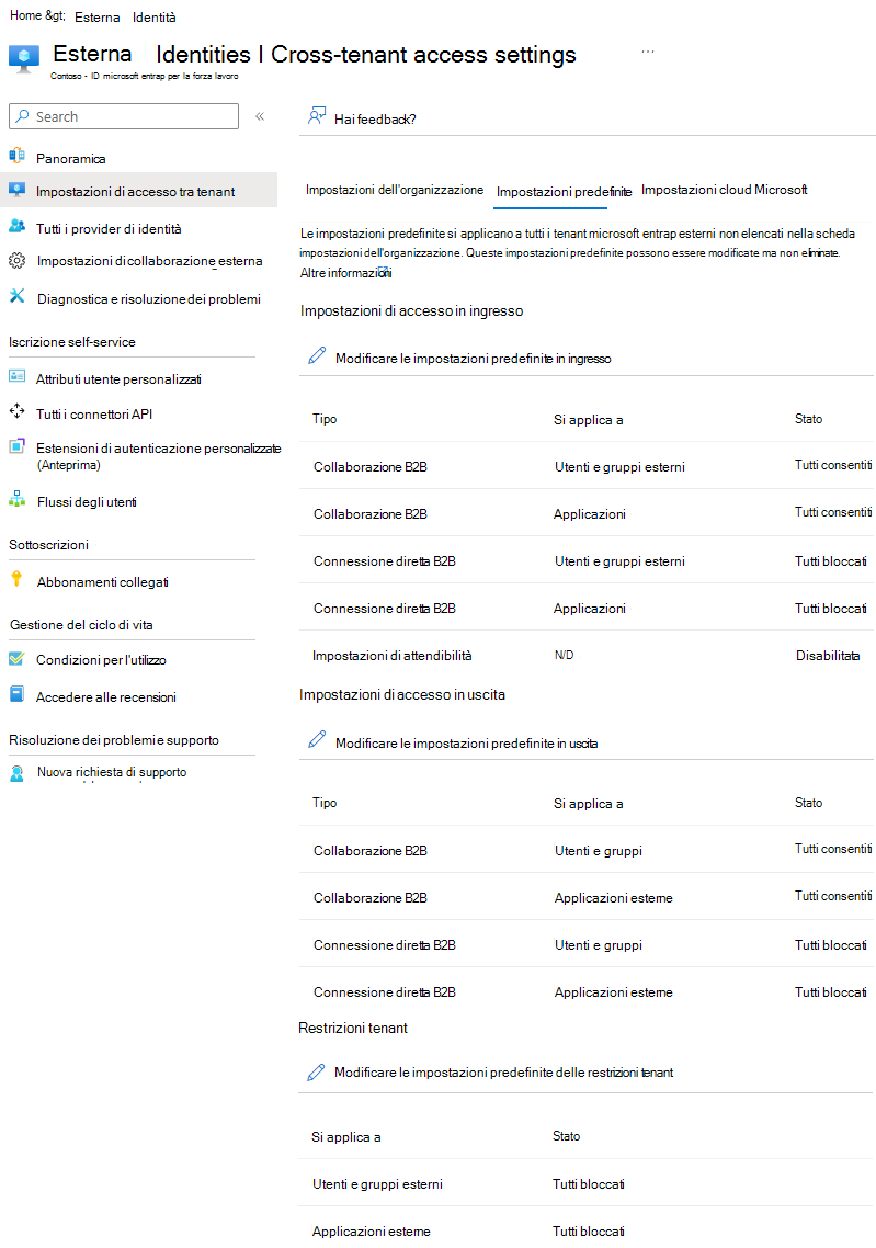 Screenshot della pagina delle impostazioni di accesso tra tenant di Microsoft Entra.