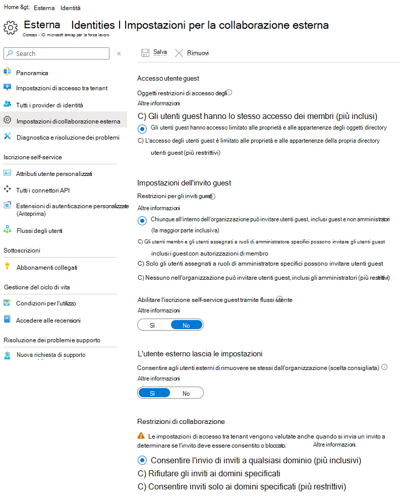 Screenshot della pagina Microsoft Entra External ID Organizational Relationships Settings .Screenshot della pagina Microsoft Entra External ID Organizational Relationships Settings .Screenshot of Microsoft Entra External ID Organizational Relationships Settings.Screenshot of Microsoft